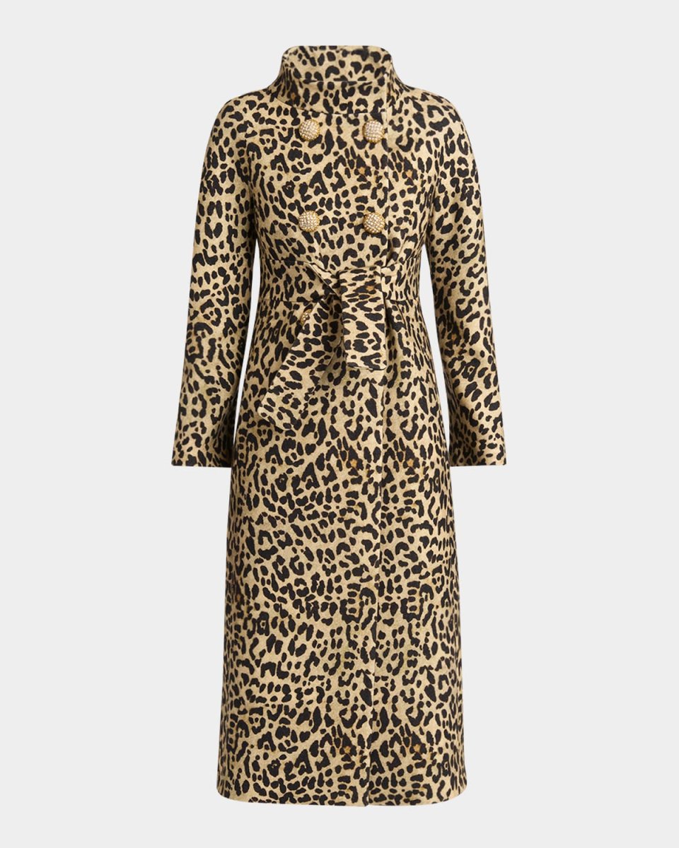 Leopard-Print Wool Double-Breasted Long Coat